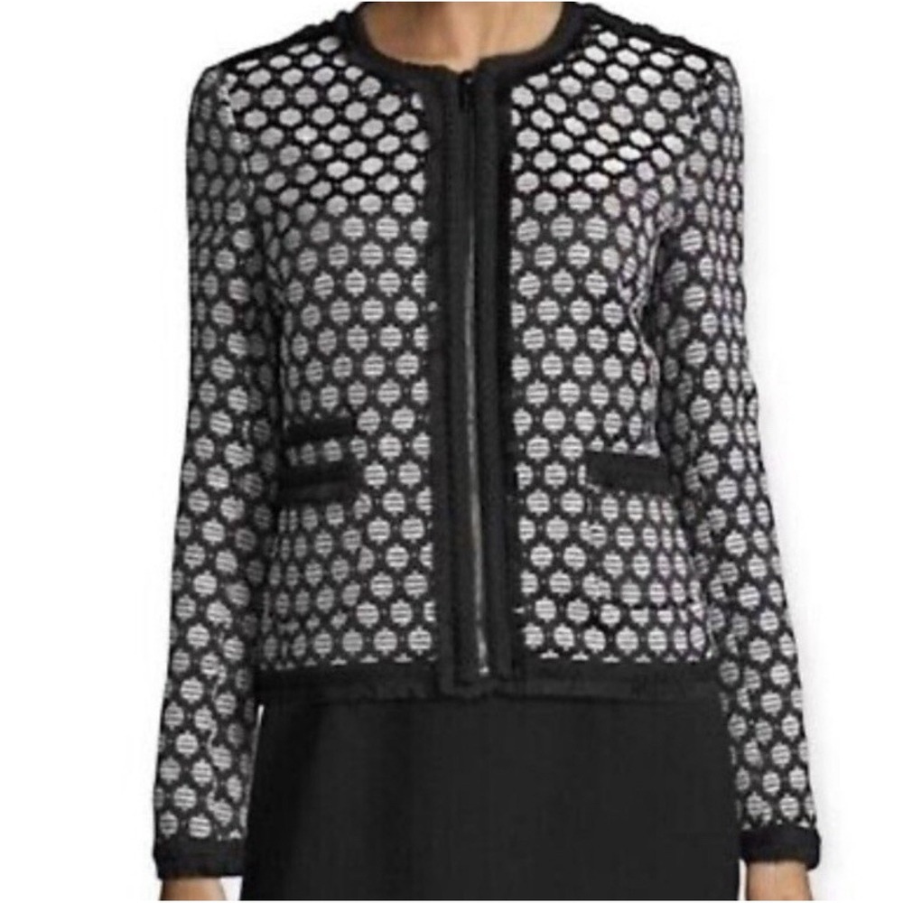 Karl Lagerfeld Brocade Fringe Polka Dot Blazer Jacket Sz 4 Black White Full Zip
